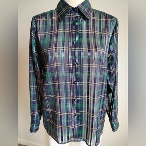 Yves St. Clair Vintage 80's Sheer Plaid Blouse Navy Blue Green Tartan Size 8